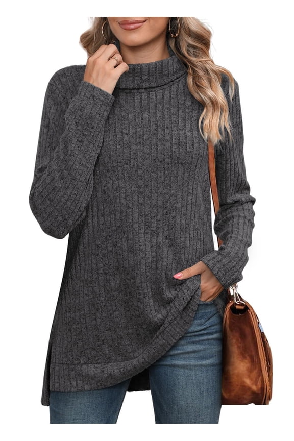 Womens Tunic Tops Turtleneck Long Sleeve Shirts Oversized Fall Sweaters Side Split High Low Hemline