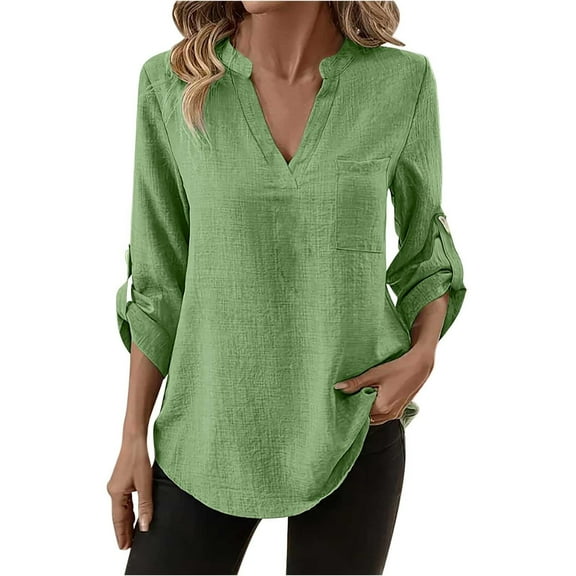 Ounisa Womens V Neck Long Sleeve Button Down Blouses Fall Tops 2025 Dressy Casual T-Shirts