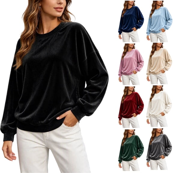 Ounisa Womens Velour Sweatshirt Crewneck Long Sleeve Drop Shoulder Casual Pullover Tops Fall Winter Loose Fit Warm Blouse