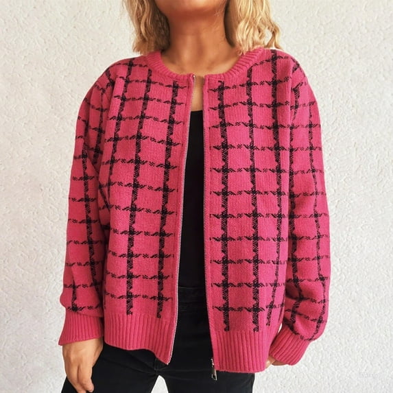 Ounisa Womens Vintage Color Block Plaid Cardigans Zip Up Sweater Coat Knit Outerwear