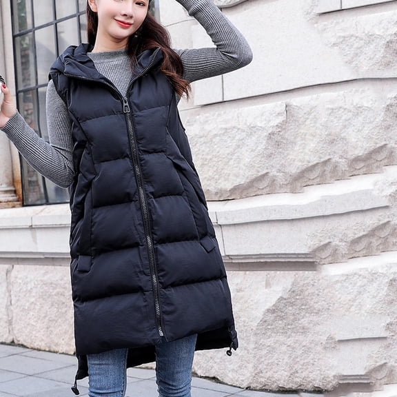 Ounisa Womens Winter Mid-Length Hooded Thick Warm Down Cotton Vest Fashion Zipper Sleeveless Jacket Waistcoat