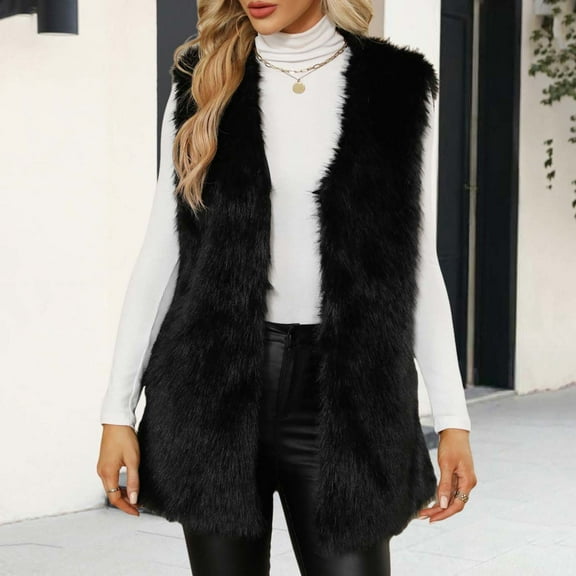 Ounisa Womens Winter Vest Waistcoat Faux Fur Overcoat Jackets Thickened Warm Solid Color Stand Collar Sleeveless Outerwear Top