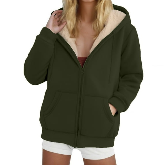 Ounisa Womens Zip Up Hoodies Sherpa Lined Fleece Thermal Jacket Full Zip Winter Warm Casual Thick Coats Pockets