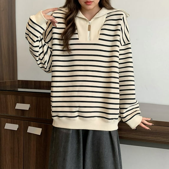 Ounisa Womens Zipper Coats Pullover Casual Crewneck Color Block Striped Oversized Sweatshirt Long Sleeve Shirts Tunic Tops