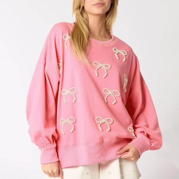 Ounisa Y2k Pearl Bow Sweatshirt for Women Oversized Long Sleeve Pullover Shirt Fairycore Grunge Going Out Jumper Tops