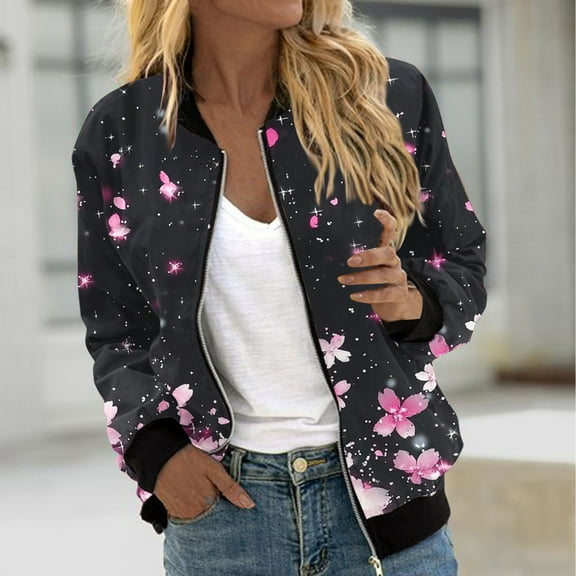 Ounisa Zippered Jackets for Women Spring Fashion 2025 Non Hood Printed Coats Lightweight Zip Up Jackets Dressy Casual Coat