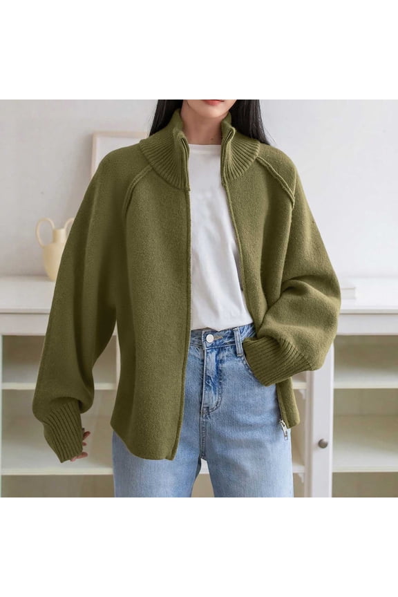 Zippered Turtleneck Sweater Bomber Jacket For Women Elegant Knitted Long Sleeve Round Collar Casual STreet Chic Top