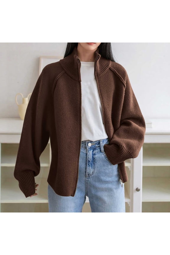 Zippered Turtleneck Sweater Bomber Jacket For Women Elegant Knitted Long Sleeve Round Collar Casual STreet Chic Top