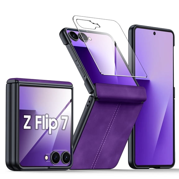 Oupeigar for Samsung Galaxy Z Flip 7 Phone Case,Built-in Screen Protector & Ultra Thin PU Leather Matte PC Shockproof Cover Smartphone Case-Purple