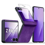 Oupeigar for Samsung Galaxy Z Flip 7 Phone Case,Built-in Screen Protector & Ultra Thin PU Leather Matte PC Shockproof Cover Smartphone Case-Purple