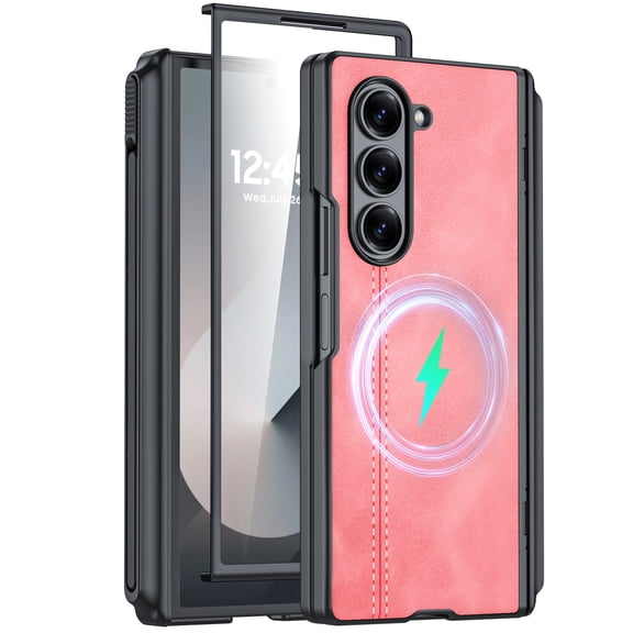 Oupeigar for Samsung Galaxy Z Fold 6 Phone Case with S Pen Holder [Hinge Protection & Screen Protection] PU Leather Matte PC Shockproof Case-Pink