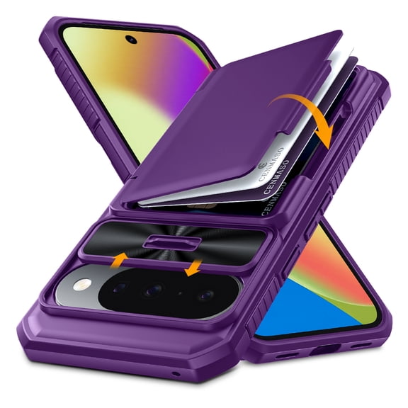 Oupeigar for Google Pixel 10/10 Pro Case with Card Holder(4 Cards)&Sliding Camera Cover&Kickstand[RFID Blocking]Shockproof Wallet Phone Case-Purple