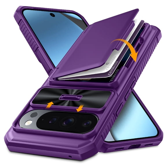 Oupeigar for Google Pixel 10 Pro XL Case with Card Holder(4 Cards)&Sliding Camera Cover&Kickstand[RFID Blocking]Shockproof Wallet Phone Case-Purple
