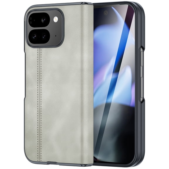 Oupeigar for Google Pixel 9 Pro Fold Case,[with Magnetic,Screen Protector&Hinge Protector]Full Body Shockproof Leather Case-Gray White