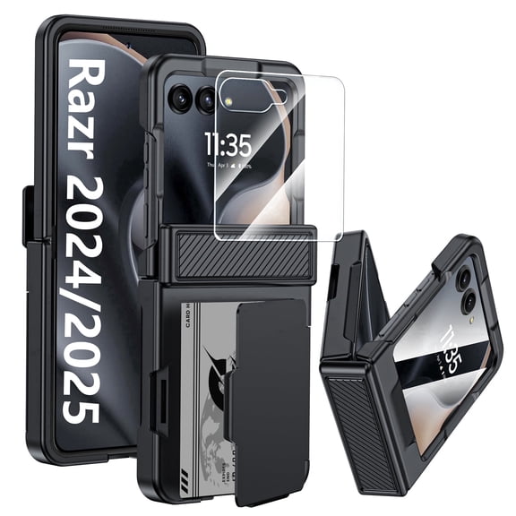 Oupeigar for Motorola Razr 2024/Razr 2025/Razr 2026 Phone Case,Card Holder(4 Cards)[RFID Shielding]&HD Screen Protector,Military Grade Protection Case-Black