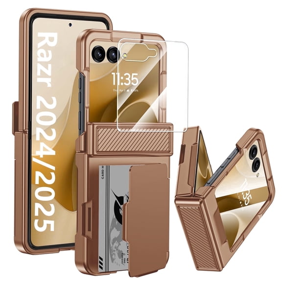 Oupeigar for Motorola Razr 2024/Razr 2025/Razr 2026 Phone Case,Card Holder(4 Cards)[RFID Shielding]&HD Screen Protector,Military Grade Protection Case-Gold