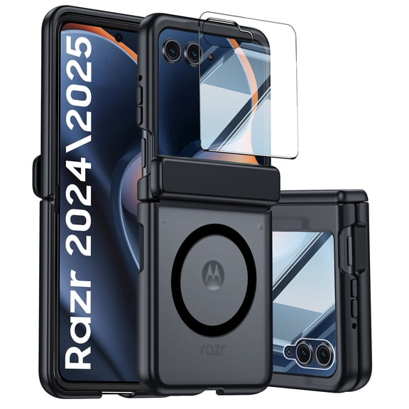 Oupeigar for Motorola Razr 2026/2025/2024 Phone Case,[Hinge Protection] [Fit for Magsafe] [Screen Protector]Translucent Frosted Shockproof Case-Black