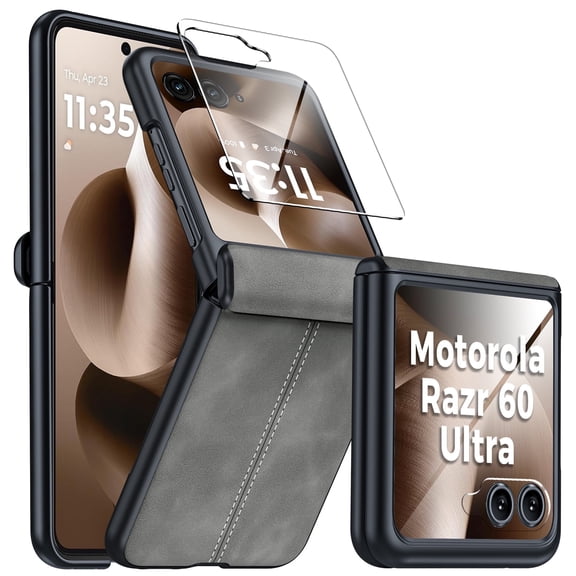 Oupeigar for Motorola Razr Ultra 2026/Razr Ultra 2025 Case,with Hing Protection,Screen Protector&Ultra Thin Leather Matte PC Shockproof Cover Phone Case-Gray