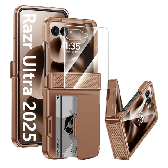 Oupeigar for Motorola Razr Ultra 2026/Razr Ultra 2025 Phone Case,with Card Holder [RFID Shielding] HD Screen Protector,Military Grade Protective Case-Gold