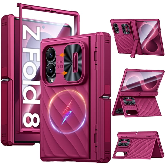 Oupeigar for Samsung Galaxy Fold 8 Case, with Magnetic Kickstand,Tempered Glass Screen Protector, Slim Translucent Matte Shockproof Protective Cover-Rose Red