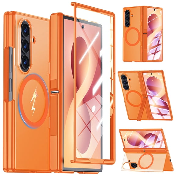 Oupeigar for Samsung Galaxy Fold 8 Ultra Case, Built-in Hinge Protection, Screen Protector, Military Shockproof Slim Translucent Protective Case-Orange