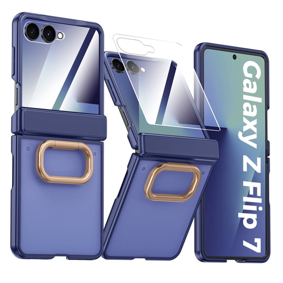 Oupeigar for Samsung Galaxy Z Flip 7 Phone Case,with Ring Holder [Screen Protector]Translucent Matte Shockproof Protective Phone Case-Blue