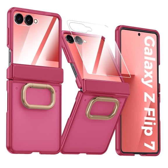 Oupeigar for Samsung Galaxy Z Flip 7 Phone Case,with Ring Holder[Slim Design][Screen Protector]Translucent Matte Shockproof Protective Phone Case-Rose Red