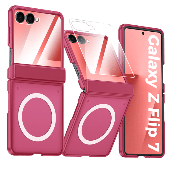 Oupeigar for Samsung Galaxy Z Flip 7 Phone Case,Compatible with MagSafe,Screen Protector,Anti-Fingerprint Translucent Matte Shockproof Case-Rose Red