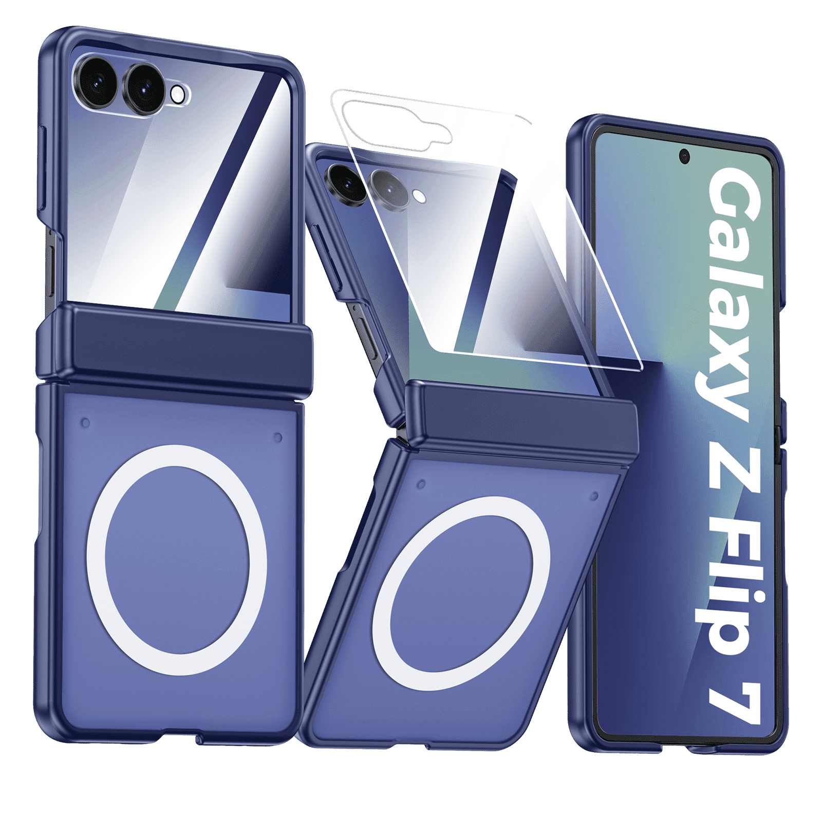 Oupeigar for Samsung Galaxy Z Flip 7 Phone Case,Compatible with MagSafe,Screen Protector,Anti-Fingerprint Translucent Matte Shockproof Case-Blue