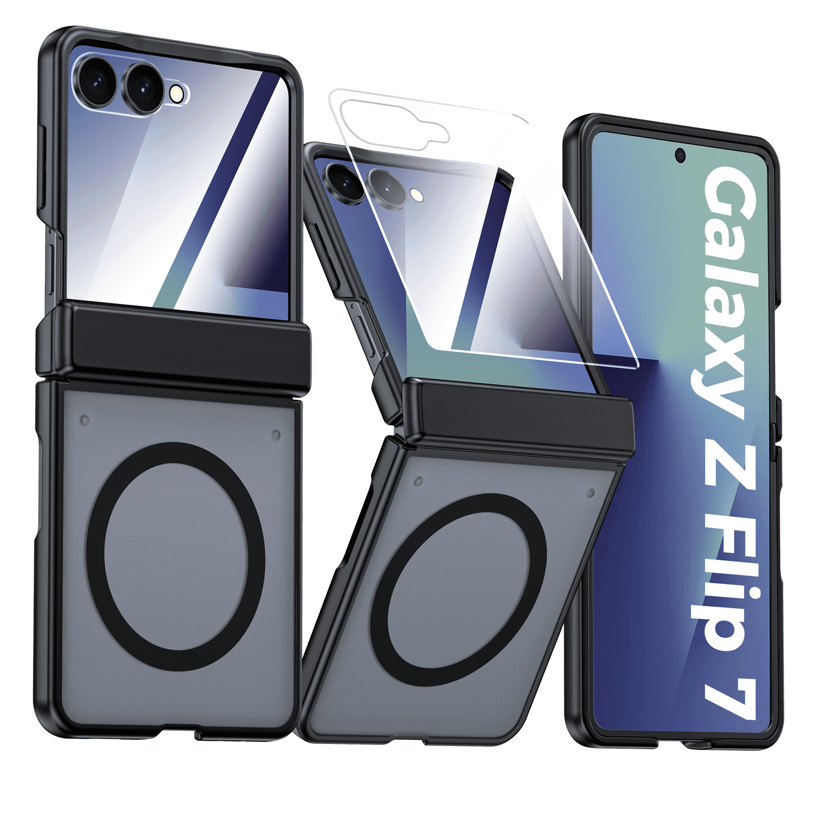 Oupeigar for Samsung Galaxy Z Flip 7 Phone Case,Compatible with MagSafe,Screen Protector,Anti-Fingerprint Translucent Matte Shockproof Case-Black