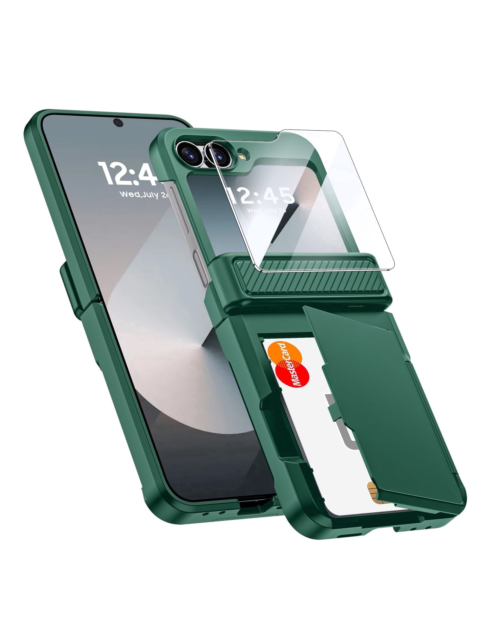 Oupeigar for Samsung Galaxy Z Flip 6/7FE Phone Case with Card Holder[RFID Blocking],Hinge Protection,Screen Protector,Shockproof Case-Green