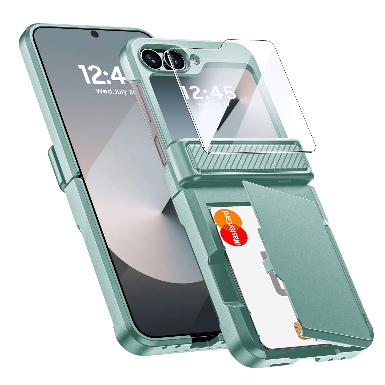 Oupeigar for Samsung Galaxy Z Flip 6/7FE Phone Case with Card Holder[RFID Blocking],Hinge Protection,Screen Protector,Shockproof Case-Mint Green