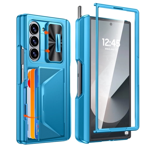 Oupeigar for Samsung Galaxy Z Fold 6 Phone Case,with RFID Cards Holder,S Pen Holder,Camera Cover, Shockproof Silicone Protective Case-Light Blue