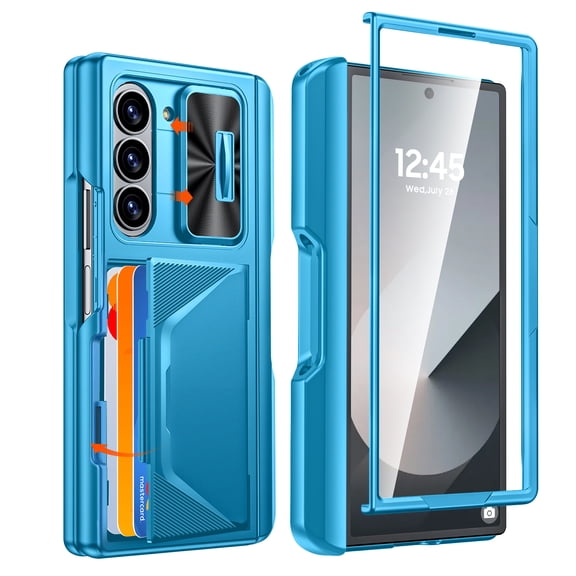 Oupeigar for Samsung Galaxy Z Fold 6 Phone Case,with RFID Cards Holder,S Pen Holder,Camera Cover, Shockproof Silicone Protective Case-Light Blue