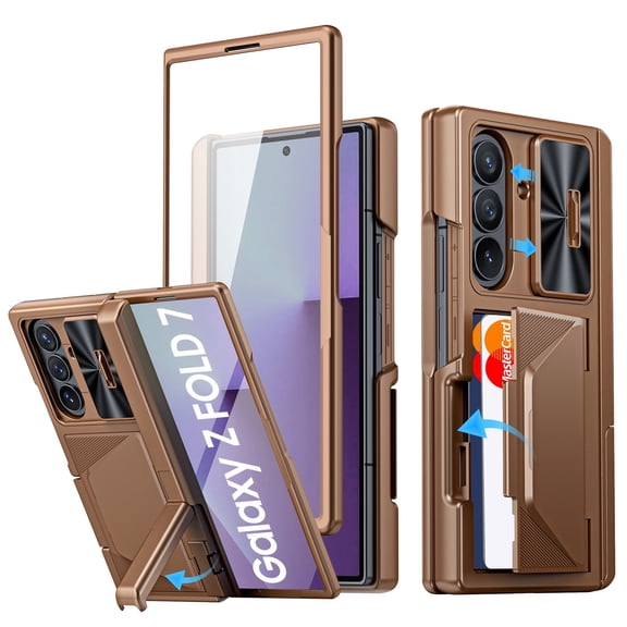 Oupeigar for Samsung Galaxy Z Fold 7 Phone Case,with Card Holder RFID Blocking,Lens Cover & Screen Protector & Shockproof Wallet Case-Gold