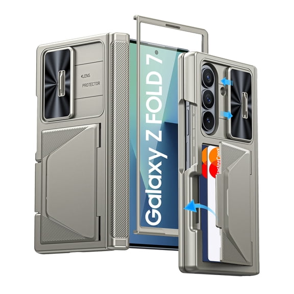 Oupeigar for Samsung Galaxy Z Fold 7 Phone Case,with Card Holder,Kickstand,Sliding Lens Cover,Built-in Screen Protector,Rugged Wallet Phone Case-Titanium