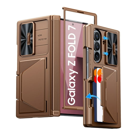Oupeigar for Samsung Galaxy Z Fold 7 Phone Case,with Card Holder,Kickstand,Sliding Lens Cover,Built-in Screen Protector,Rugged Wallet Phone Case-Gold
