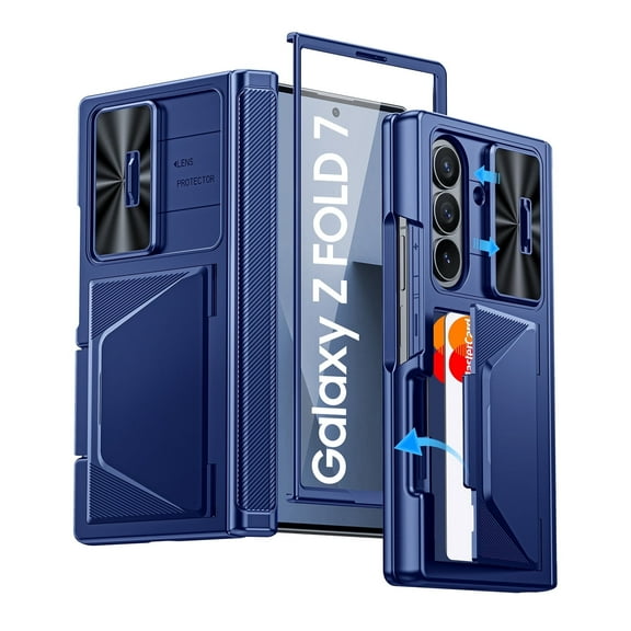 Oupeigar for Samsung Galaxy Z Fold 7 Phone Case,with Card Holder,Kickstand,Sliding Lens Cover,Built-in Screen Protector,Rugged Wallet Phone Case-Blue