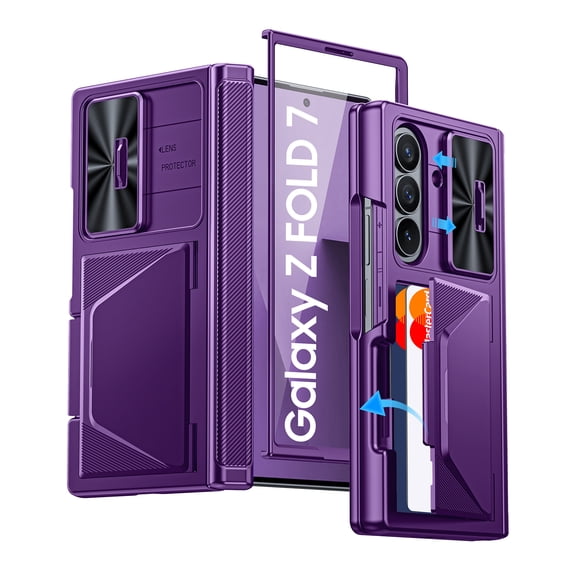Oupeigar for Samsung Galaxy Z Fold 7 Phone Case,with Card Holder,Kickstand,Sliding Lens Cover,Built-in Screen Protector,Rugged Wallet Phone Case-Purple