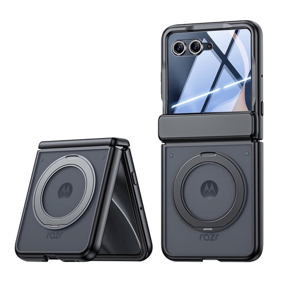 Oupeigar for Motorola Razr Ultra 2026 / Razr Ultra 2025 Phone Case,with 360° Magnetic Ring Stand,Screen Protector,Hinge Protection Shockproof Leather Case-Black