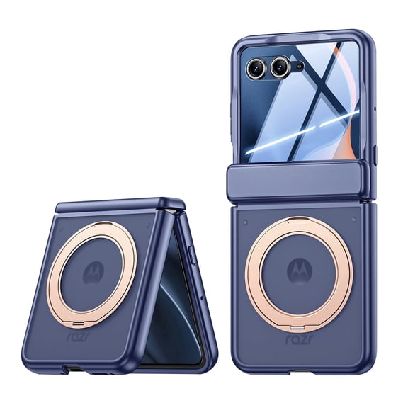 Oupeigar for Motorola Razr Ultra 2026 / Razr Ultra 2025 Phone Case,with 360° Magnetic Ring Stand,Screen Protector,Hinge Protection Shockproof Leather Case-Blue