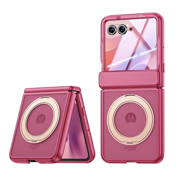 Oupeigar for Motorola Razr Ultra 2026/ Razr Ultra 2025 Case,with 360° Magnetic Ring Stand,Full Hinge & Screen Protection,Built-in HD Glass Case-Rose Red