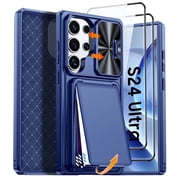 Oupeigar for Samsung S24 Ultra Luxury Card Holder Phone Case,with Screen Protector,Camera Slider,RFID Blocking,Heavy Duty Drop Protection-Blue