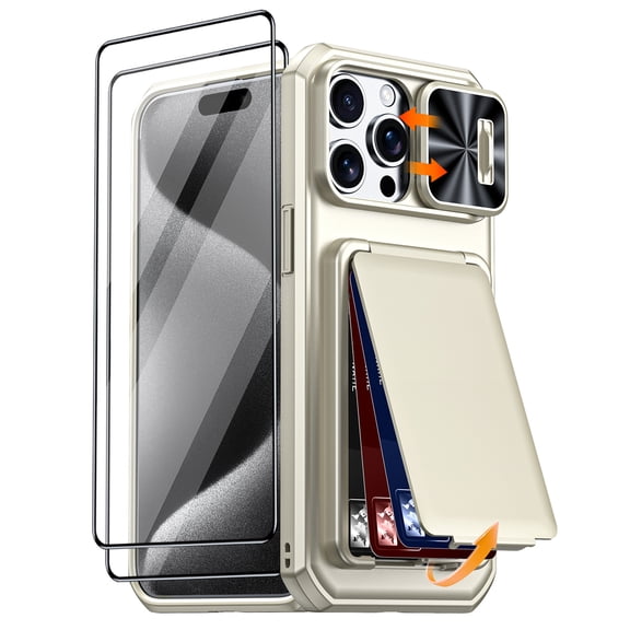 Oupeigar for iPhone 15 Pro Max Phone Case,with Card Holder [RFID Blocking], Slide Camera Cover & Raised Bezel Protection Case-Titamium