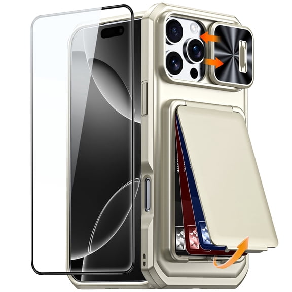 Oupeigar for iPhone 16 Pro Max Luxury Phone Case,with Tempered Glass Screen Protector,RFID Blocking, Slide Camera Cover,Card Holder Case-Titanium