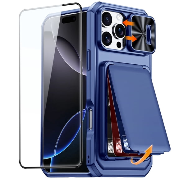 Oupeigar for iPhone 16 Pro Max Luxury Wallet Case,with Tempered Glass Screen Protector,RFID Blocking, Slide Camera Cover,Card Holder Phone Case-Blue
