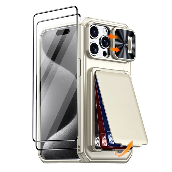 Oupeigar for iPhone 17 Pro Max / iPhone 18 Pro Max Case,with 2 Pieces of HD Tempered Glass Screen Protector, Card Holder,RFID Blocking, Slide Camera Cover Shockproof Case-Titanium