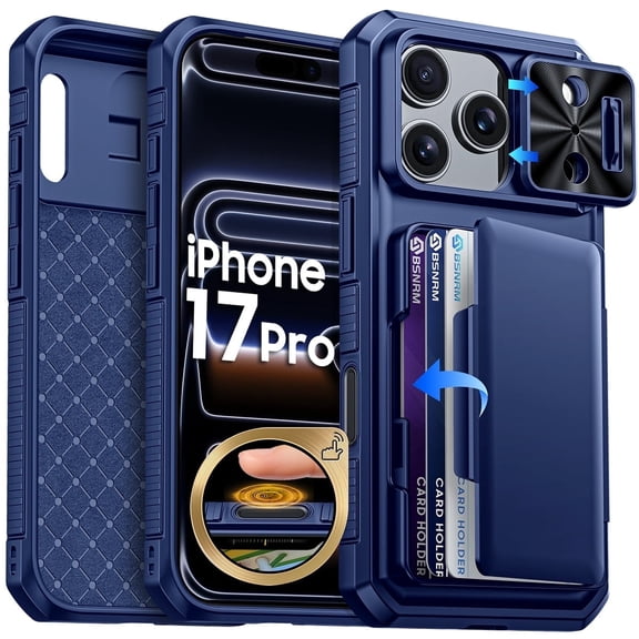 Oupeigar for iPhone 17 Pro Phone Case with [Cards Holder][RFID Blocking][Camera Cover]Rugged Shockproof Silicone Protective Case-Blue