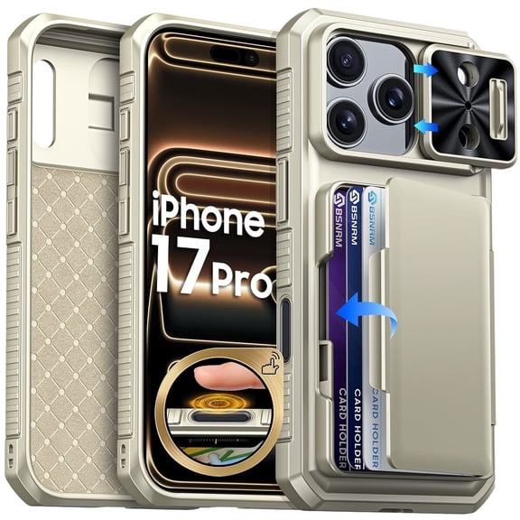 Oupeigar for iPhone 17 Pro Phone Case with [Cards Holder][RFID Blocking][Camera Cover]Rugged Shockproof Silicone Protective Case-Titanium