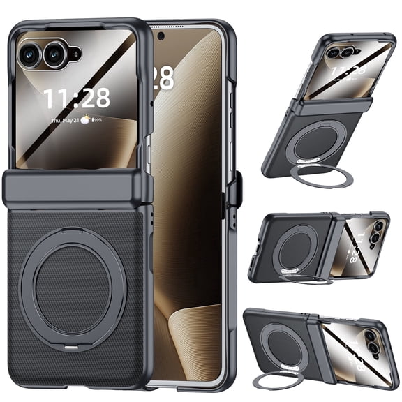 Oupeigar for Motorola Razr 2026/Razr 2025/Razr 2024  Case,with 360° Magnetic Ring Stand,Screen Protector,Hinge Protection Shockproof Leather Phone Case-Black
